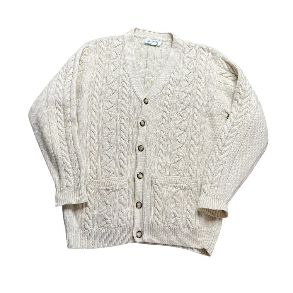 Vintage Cream Cable Knit Wool Cardigan Button Sweater Size Large
